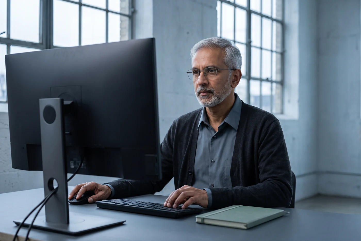 A knowledge lead reorganizing a workspace at a desktop computer