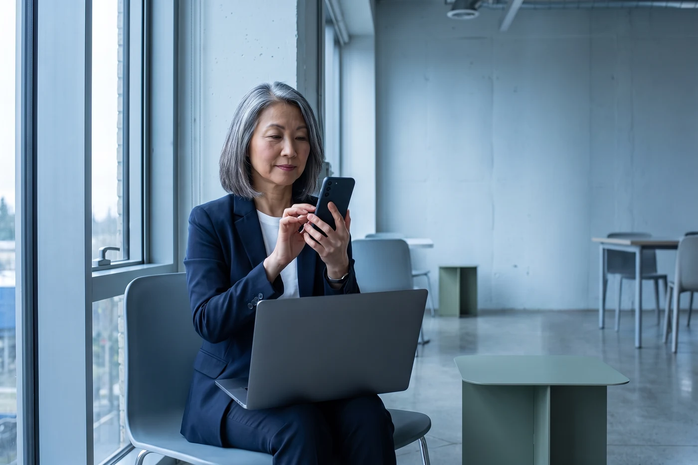 A team lead scheduling recurring work on her phone, a laptop on her knees