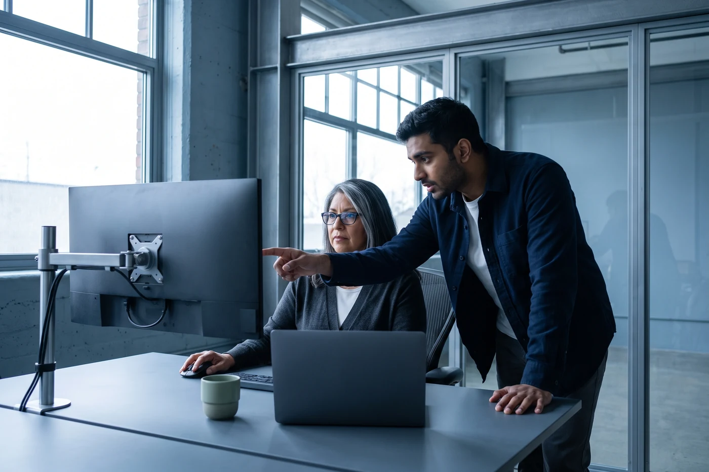 A release manager and an engineer tracing at a monitor which release tasks wait on which others