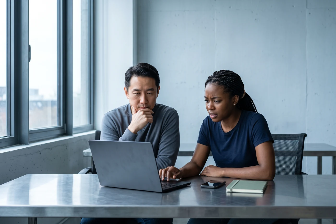 A product manager and an engineer reading a changed requirement side by side at a desk