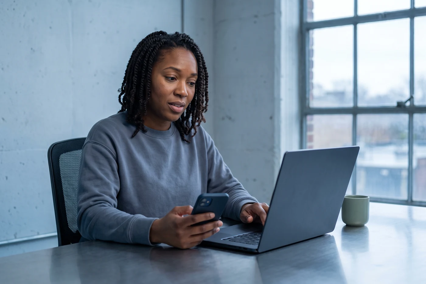 An engineer pausing at her laptop to check a job's result on her phone