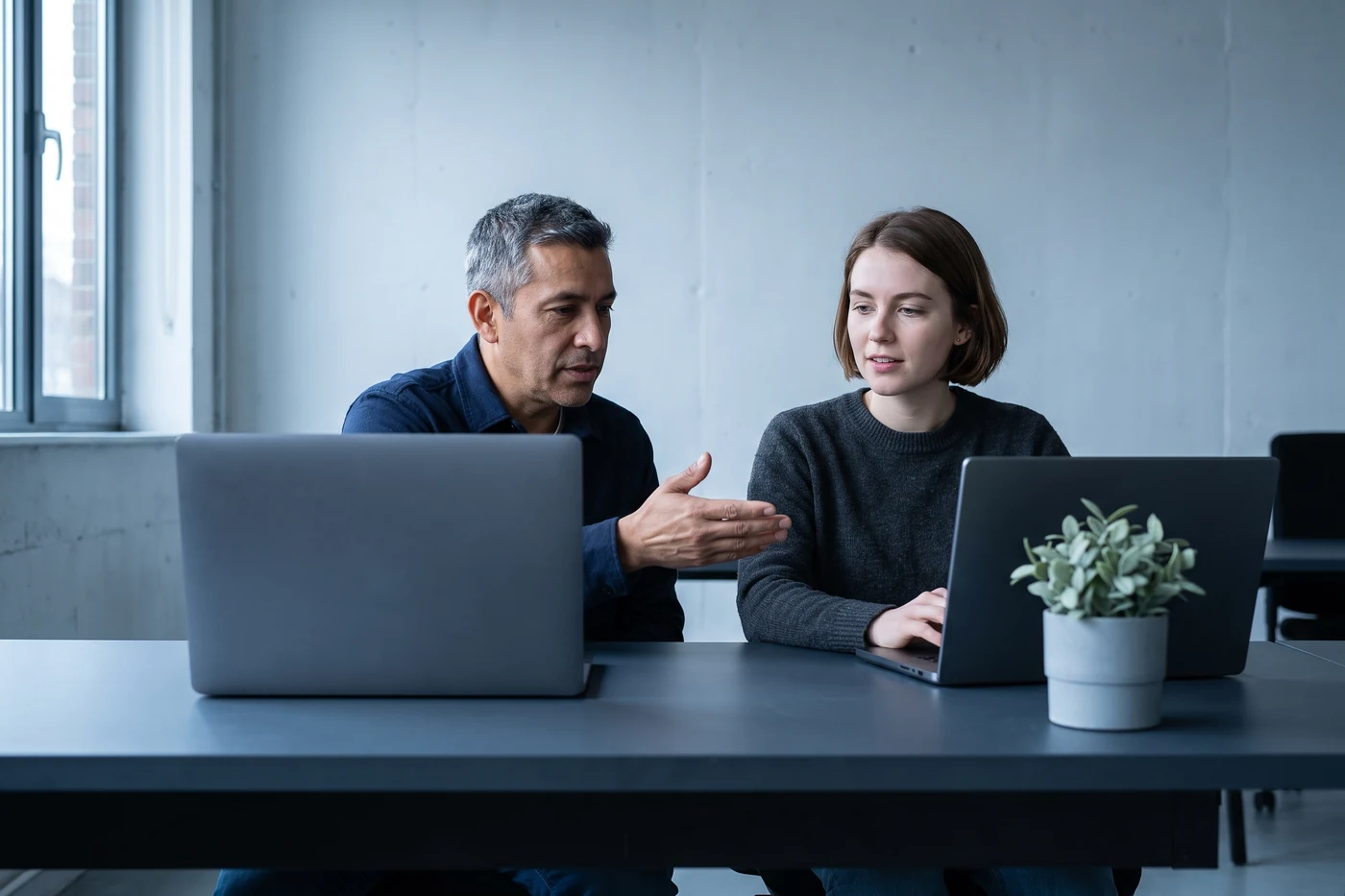 An operations lead walking a colleague through a process at their laptops