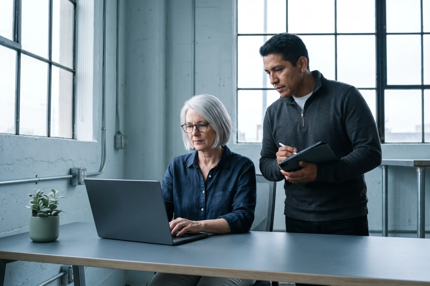 A product designer defining fields at a laptop while an engineer follows on a tablet