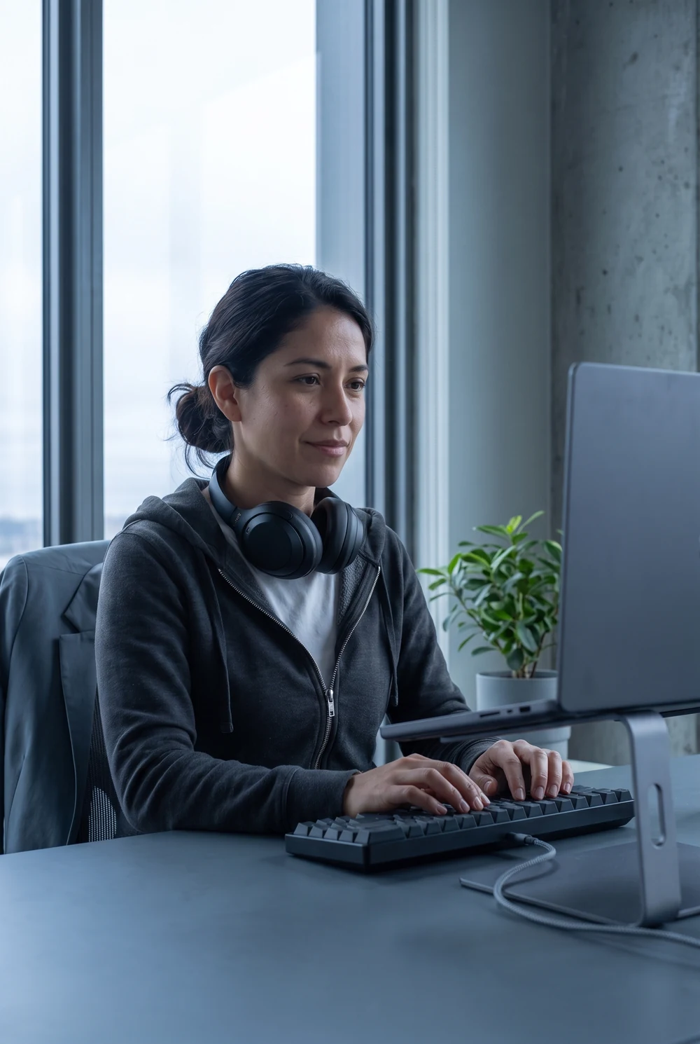 A software engineer typing at her desk with headphones around her neck