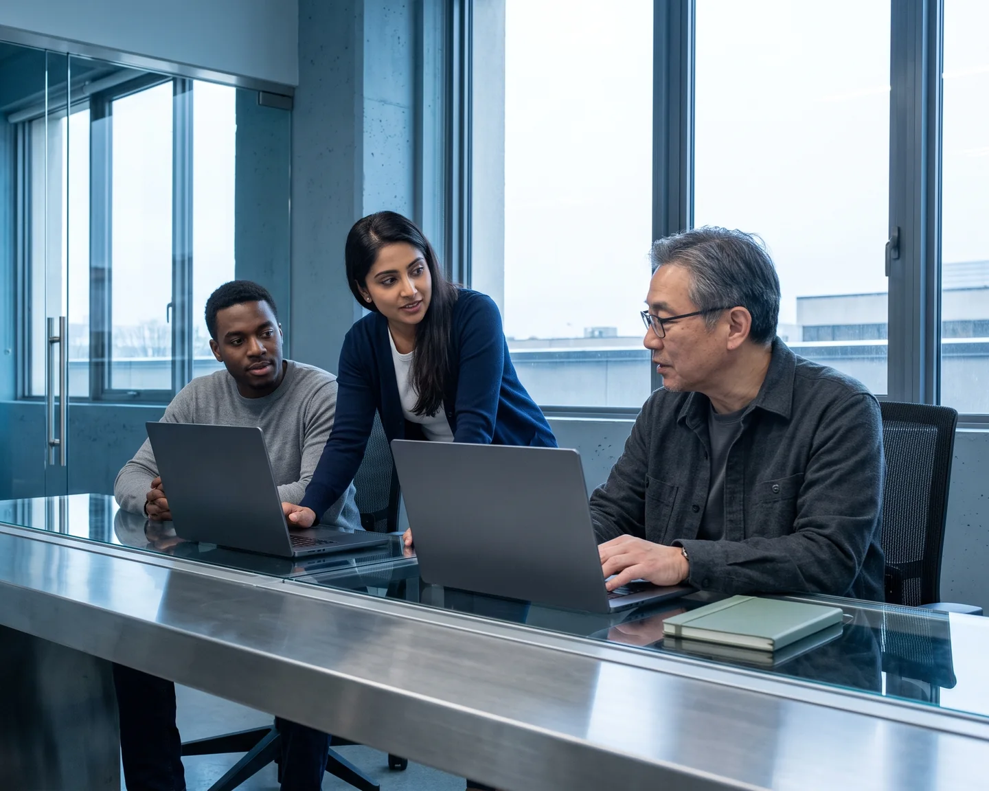 A product manager and two engineers reviewing a release plan at their laptops