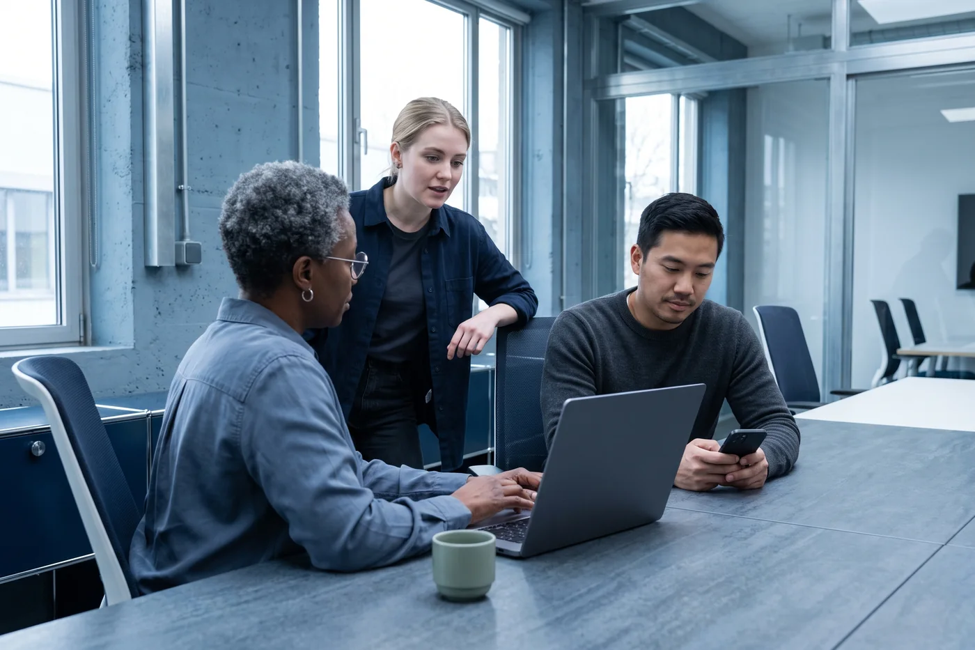 A product manager and two engineers aligning on a software release at a laptop