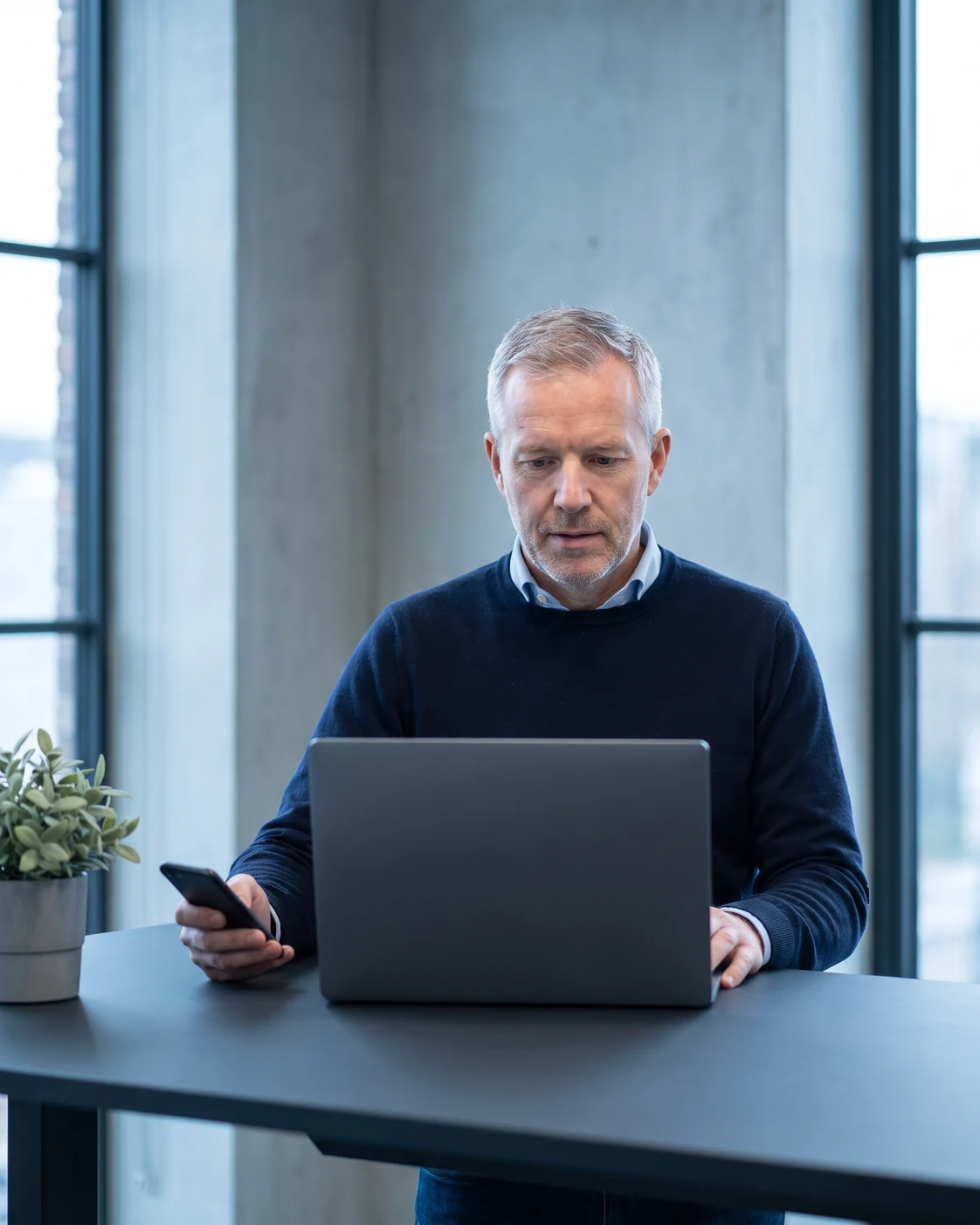 A technology product owner checking his phone while working at a laptop